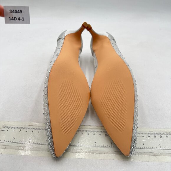 XYD Silver Pointed Toe Slip On Mesh Pumps Rhinestone Studs Kitten Heels Shoes - Picture 7 of 8